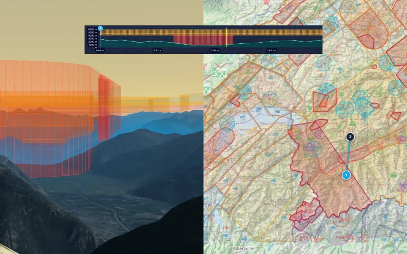 Airspace route analysis profile with vertical slice and terrain context