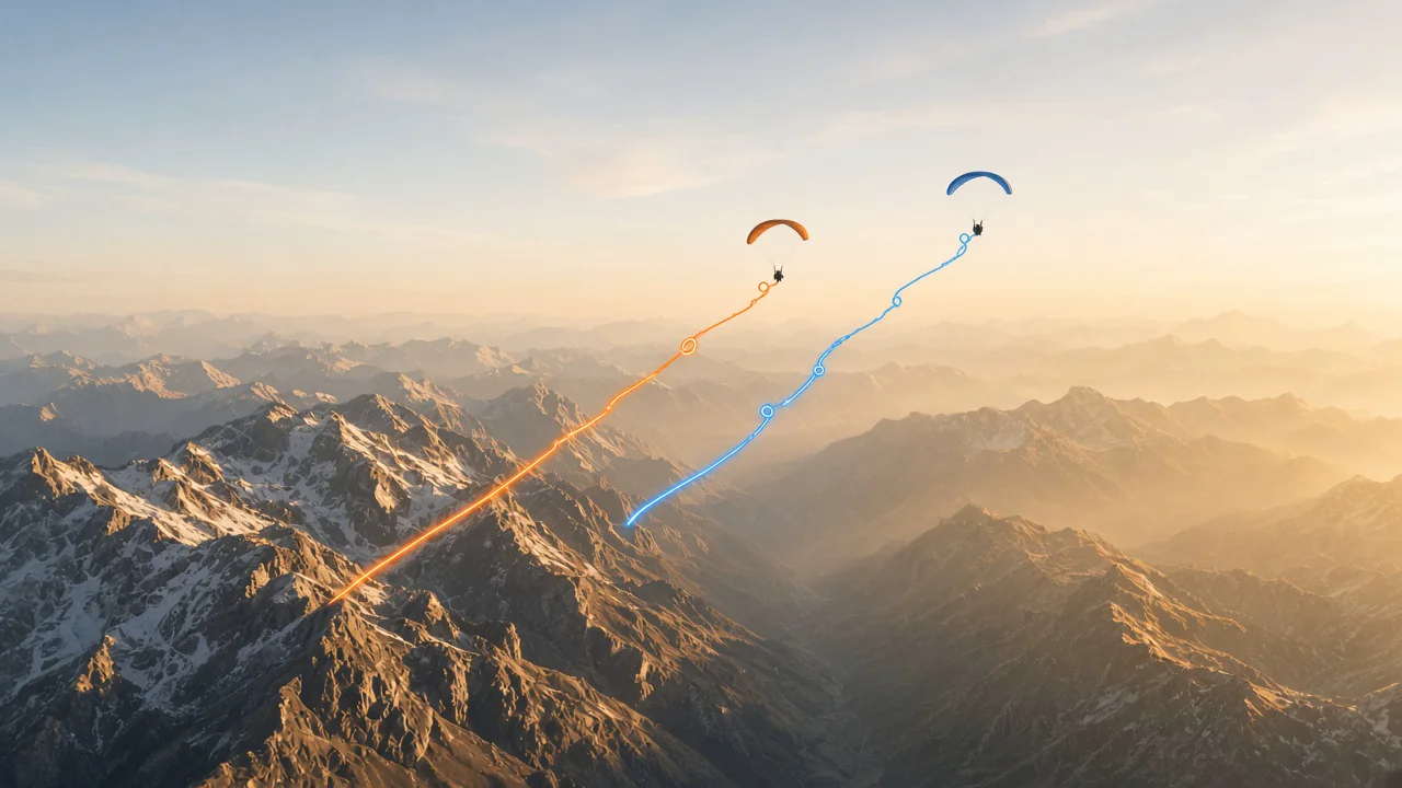 Two synchronized flight paths displayed together