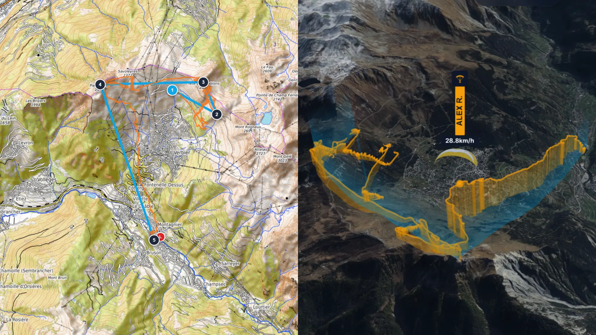 Route planner with FAI triangle and 3D terrain-following visualization
