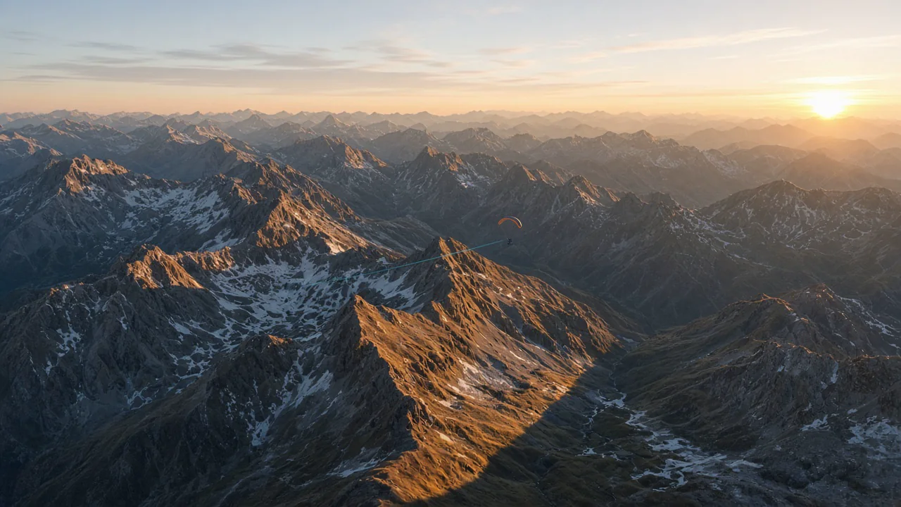 Sun-synced lighting over mountainous terrain