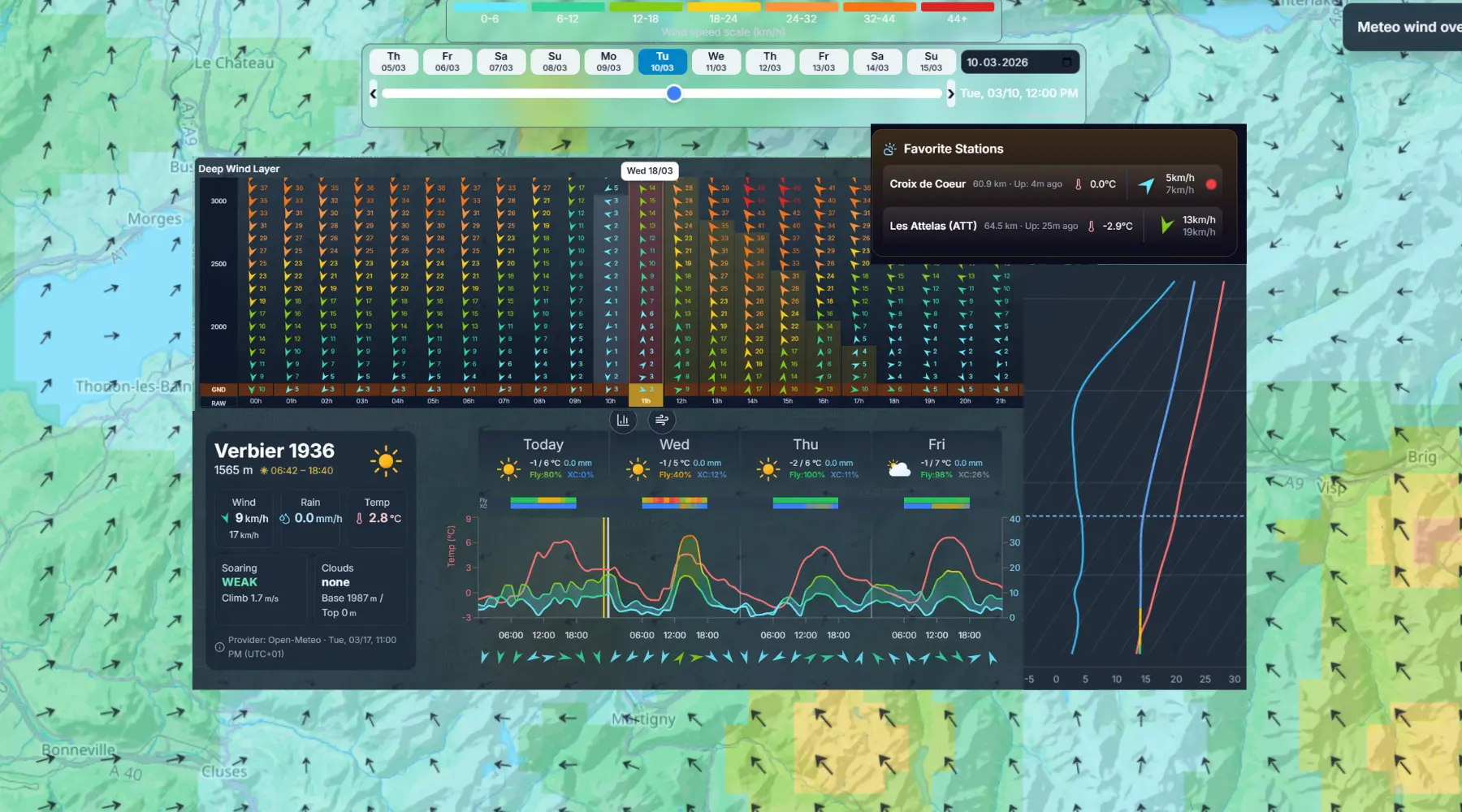 Smart weather overview with favorites, wind layers, stations, and webcams