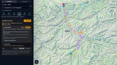 Route optimizer suggesting the best XC route with planned climbs over 3D terrain