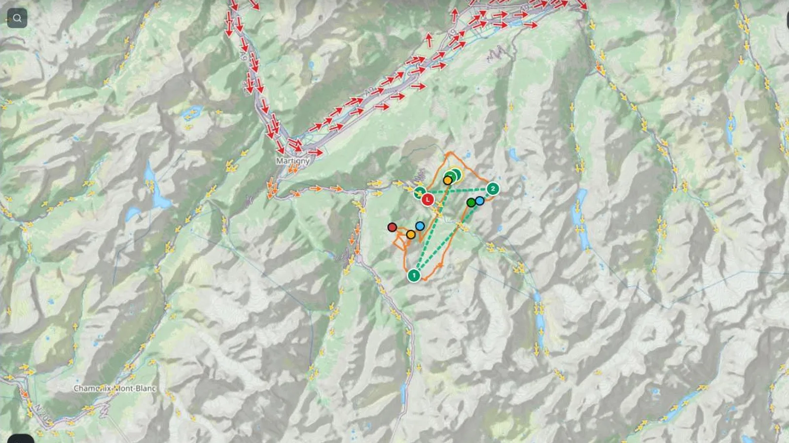 Valley breeze arrows flowing up the Alpine valleys in the afternoon
