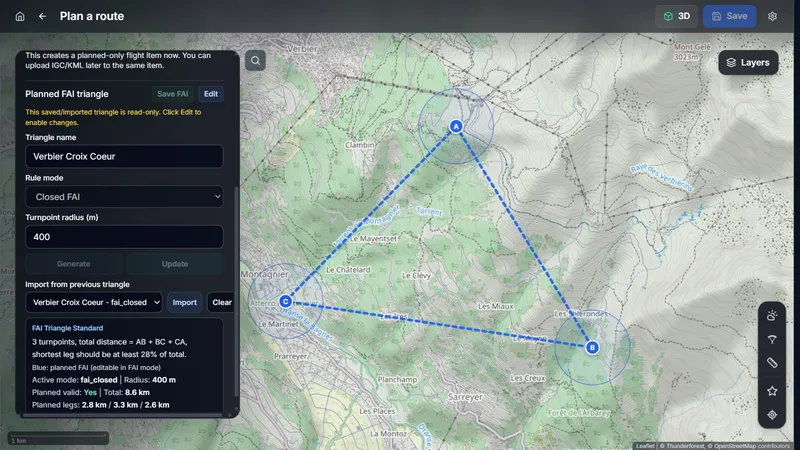 FAI triangle planner with turnpoint cylinders, leg distances and an automatic validity check